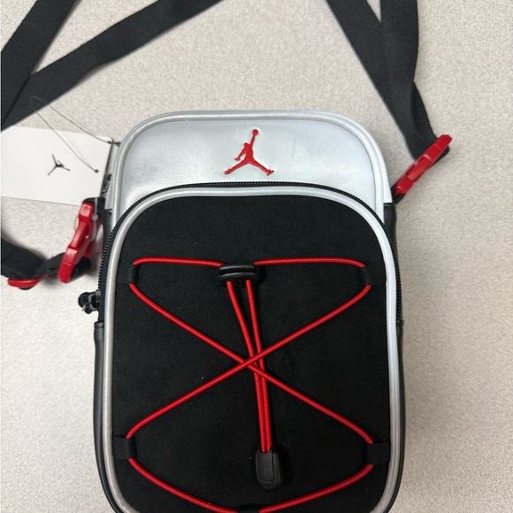 Jordan Handbags - Jordan Cross Body Festival Bag- Silver and Black Belt Bag with Red Accents